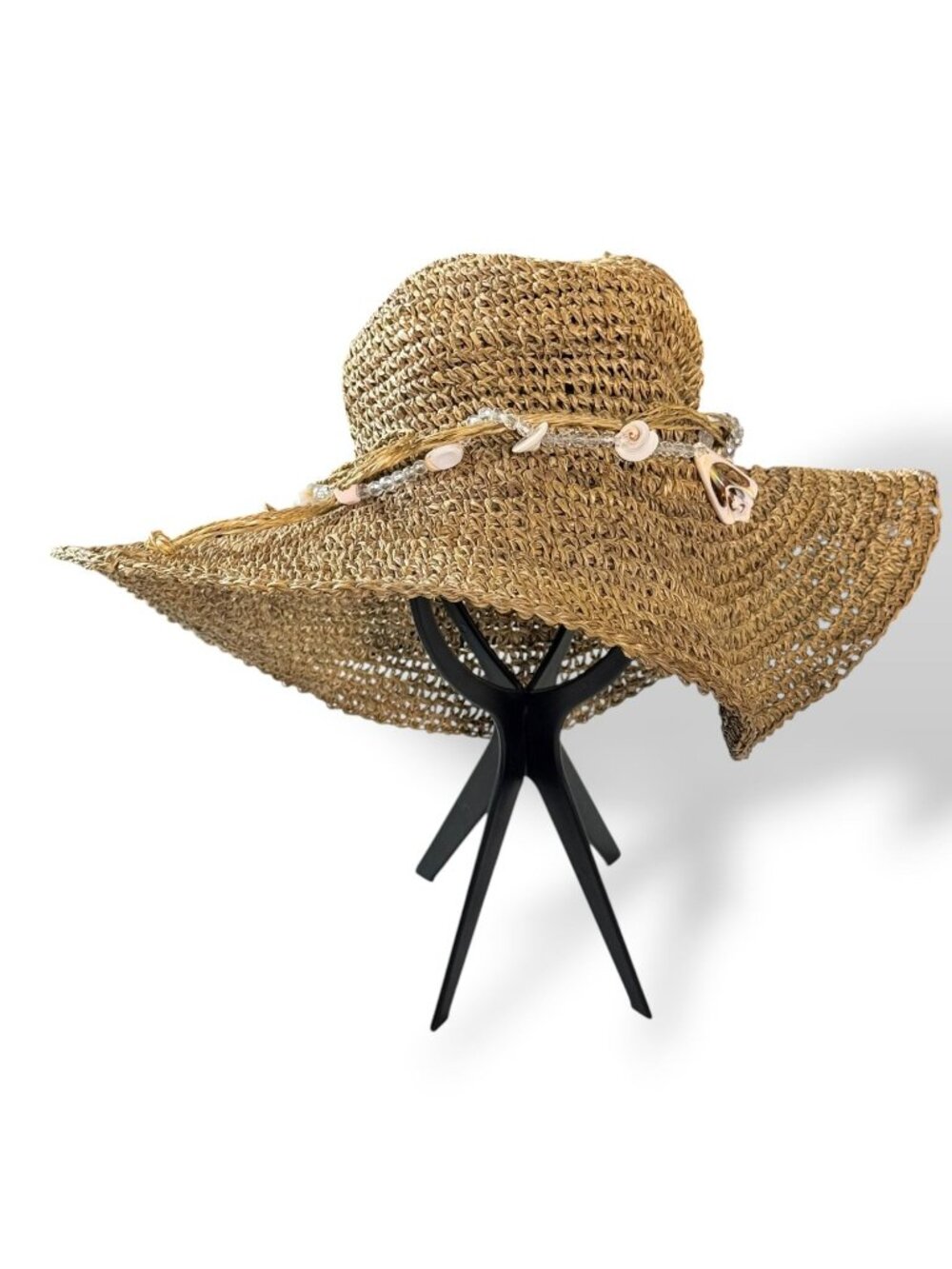 Tropical Trends Straw Wide Brim Beach Hat With Seashell Accent - OSFM